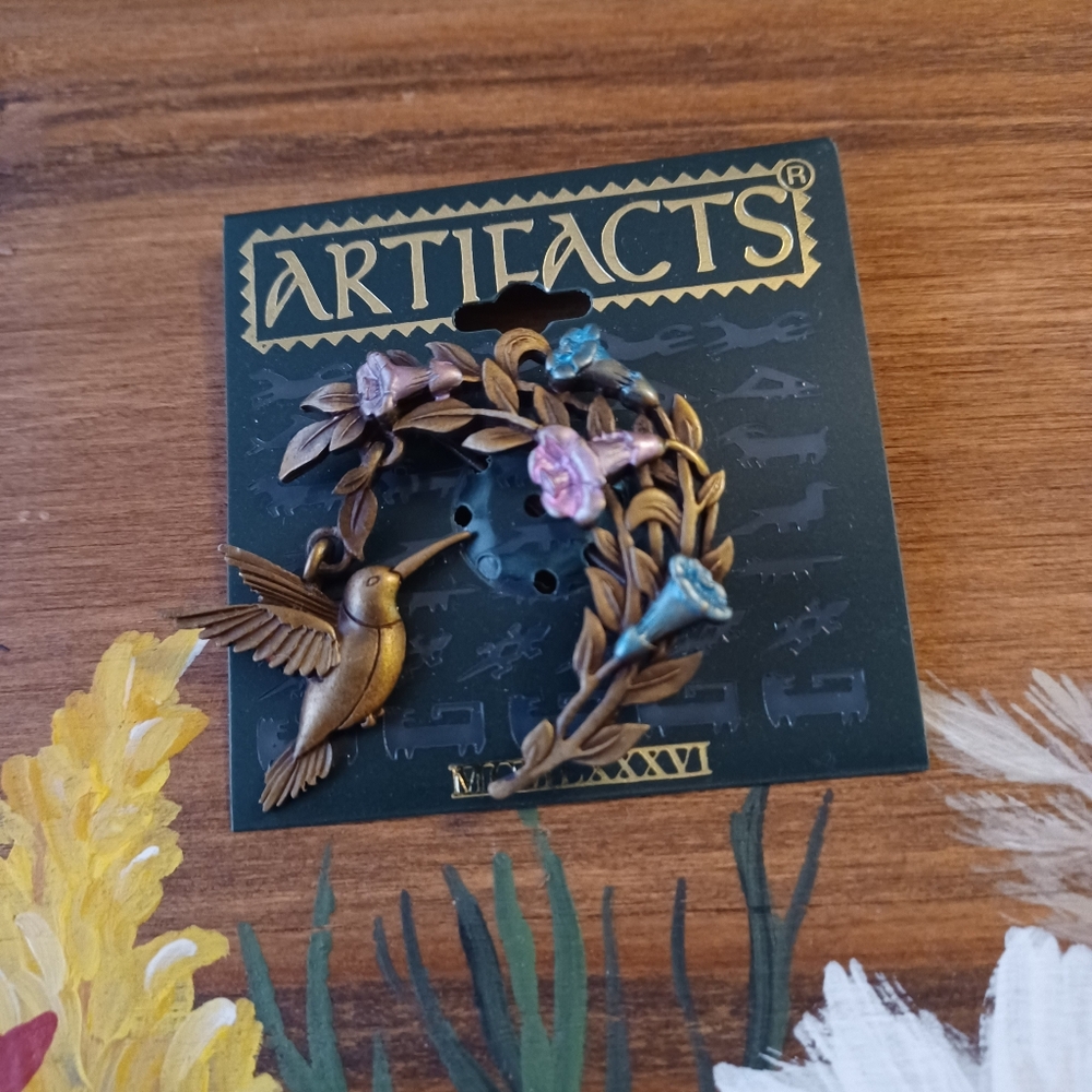 ❤️‍🔥 Vtg. New Artifacts Hummingbird Floral Brass Metal Pin/Brooch 1 3/4"